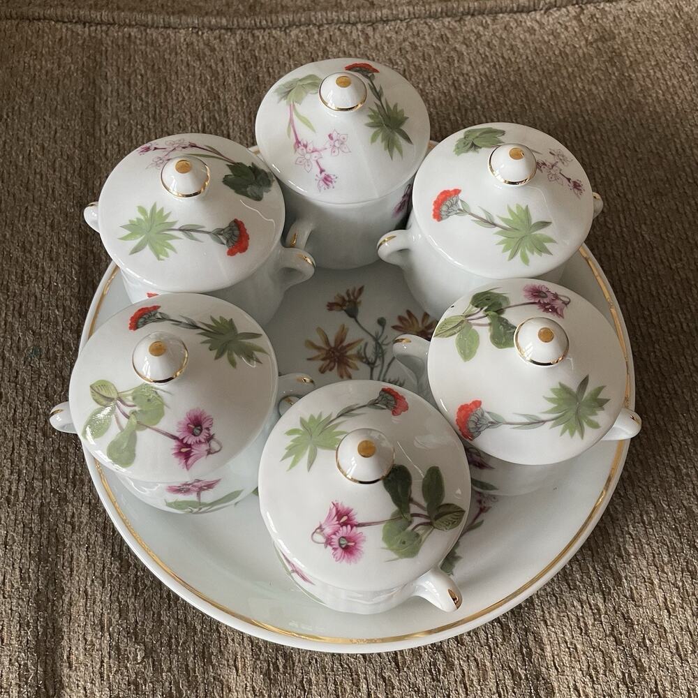 Louis Lourioux Le Faune Wild Flower pot de creme ramekins matching tray Vintage